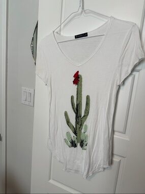 White V-Neck Tee with Green Cactus and Red Bloom